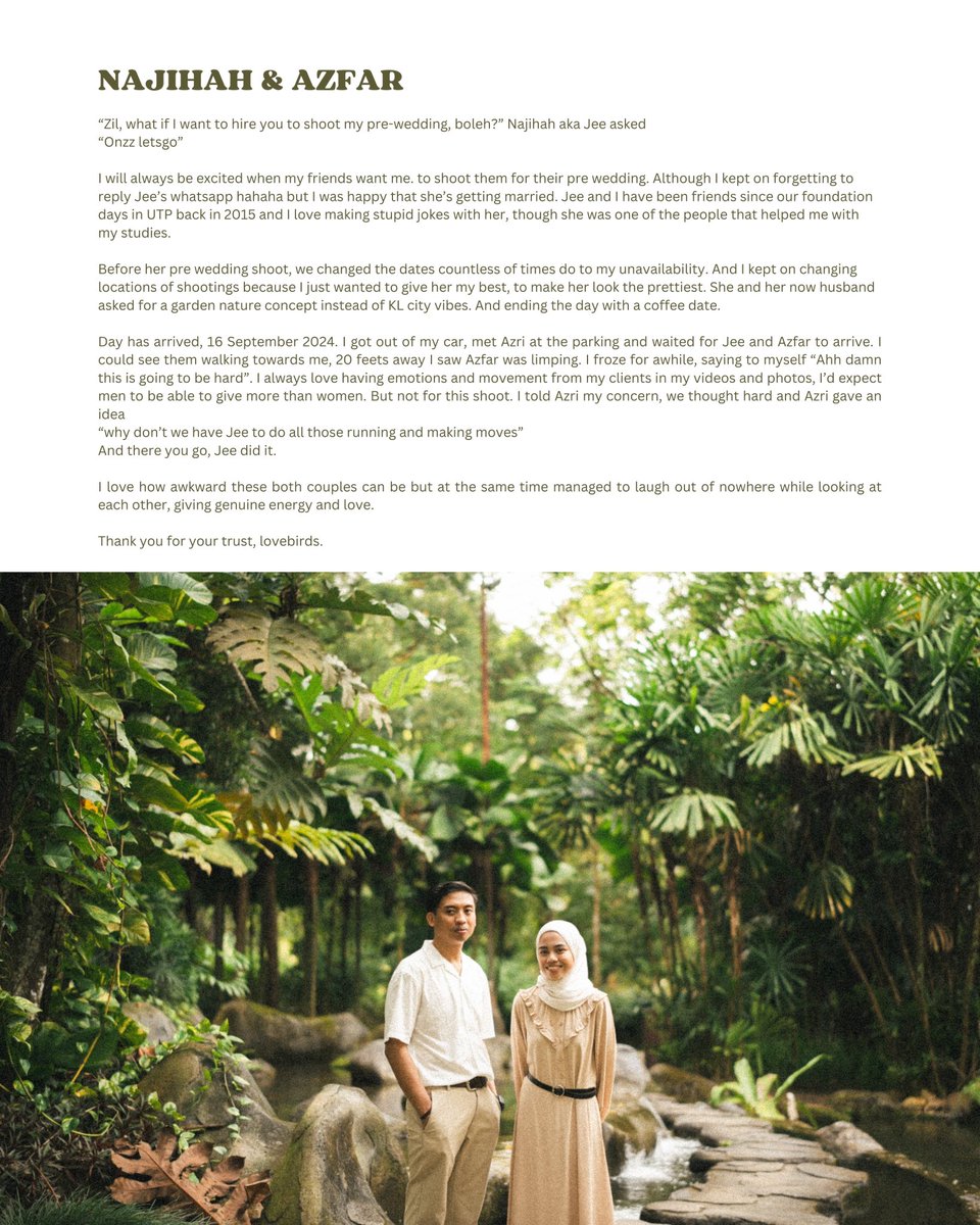RaizilA's tweet photo. “Zil nak shoot pre wedding dgn kau boleh ke zil?” 
Onzz lesagoo! 

Masa nampak Jee dtg dgn Azfar dkt our first location, Her fiance was limping sebab accident motor. Lagi lah I was nervous sebab shoot video pre wedd jugak. But a challenge is a challenge. And I just went for it. https://t.co/wMiHp7hc53