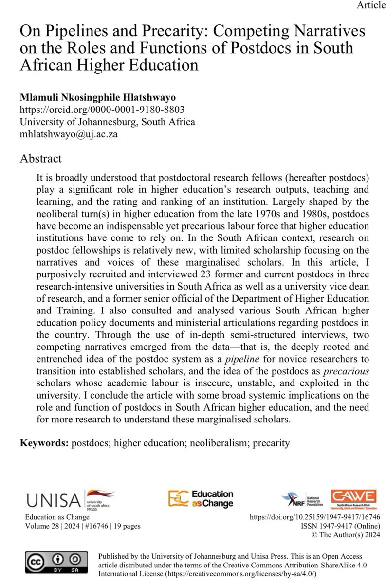 Prof Mlamuli Hlatshwayo (@mlamulisa) on Twitter photo ๐ฃ๐ข๐ข Woke early this morning battling a cold and struggled to get out of bed! Super duper happy to receive the wonderful alert that my 36th peer reviewed research output has just been published by the prestigious journal, Education as Change! Please have a read. ๐โค๏ธโ
๐๐พ๐โ๐พ ๐ฃ๐ข๐ข Woke early this morning battling a cold and struggled to get out of bed! Super duper happy to receive the wonderful alert that my 36th peer reviewed research output has just been published by the prestigious journal, Education as Change! Please have a read. ๐โค๏ธโ
๐๐พ๐โ๐พ