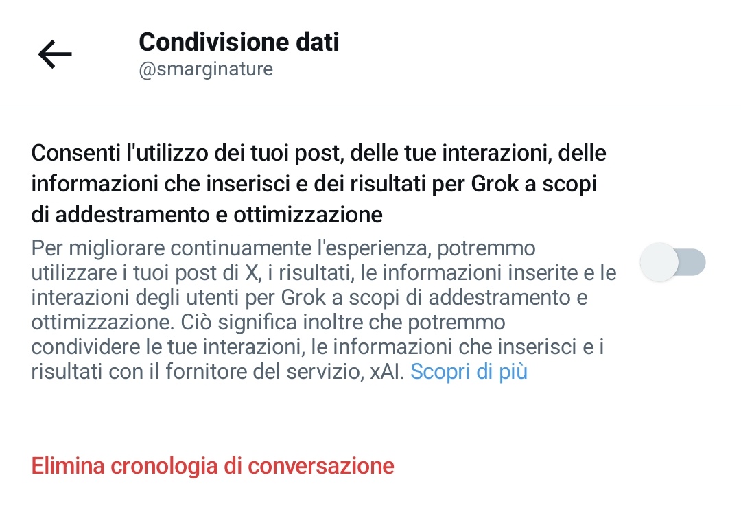 smarginature's tweet photo. assicuratevi di avere questa spunta disattivata in impostazioni e privacy > privacy e sicurezza > grok se non volete che i vostri dati vengano utilizzati per addestrare la nuova ai di muschio https://t.co/FsyUsor3nQ