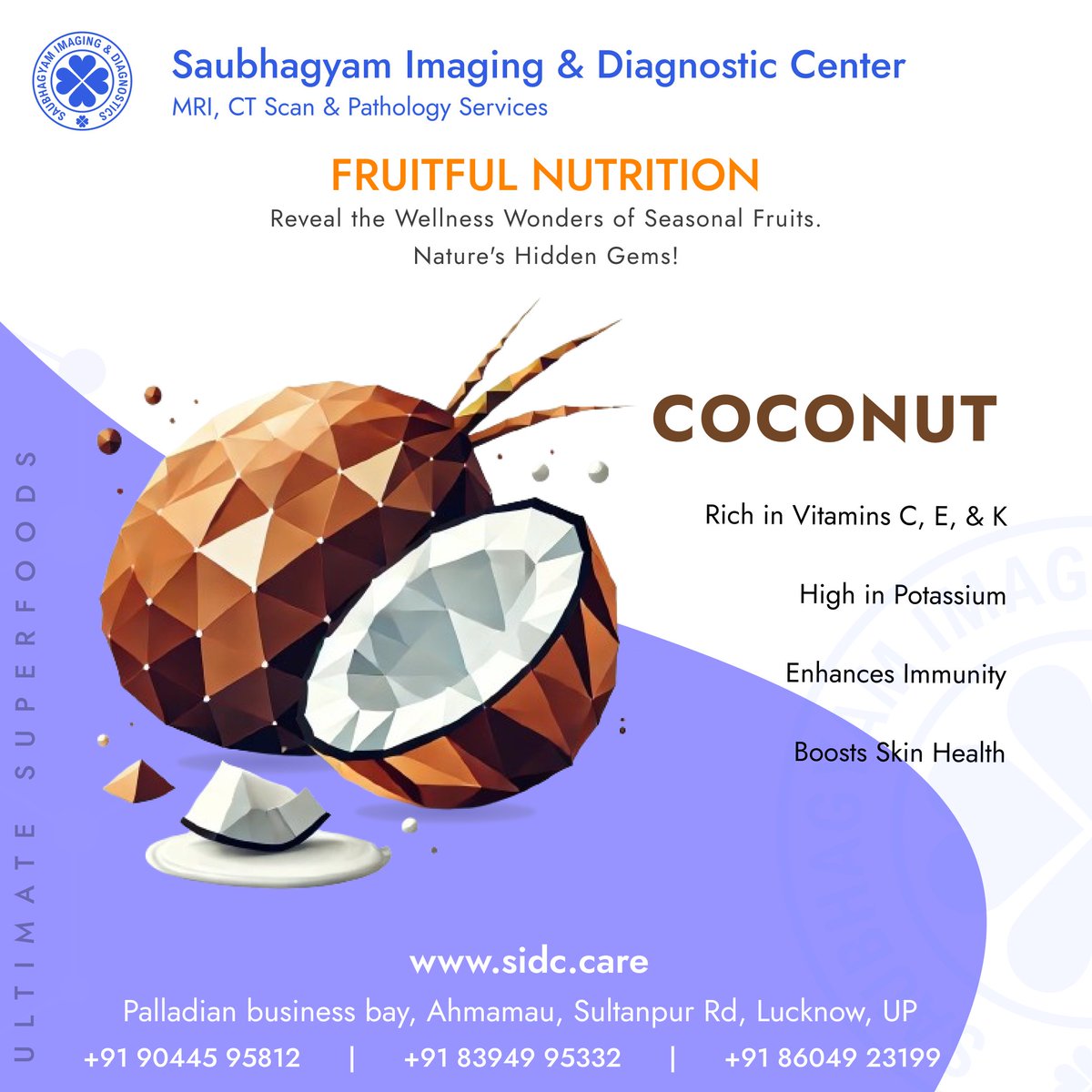 SIDC_Care's tweet photo. Fuel your body with nature’s superfoods

🥥 Coconut: Immunity + Skin Health
🥑 Avocado: Heart Wellness + Healthy Fats
🍌 Banana: Energy + Digestion Support
🍇 Jamun: Blood Sugar + Iron Boost

Boost your health, one bite at a time! 
#HealthyLiving #WellnessJourney https://t.co/Uqsr5Zgsvr