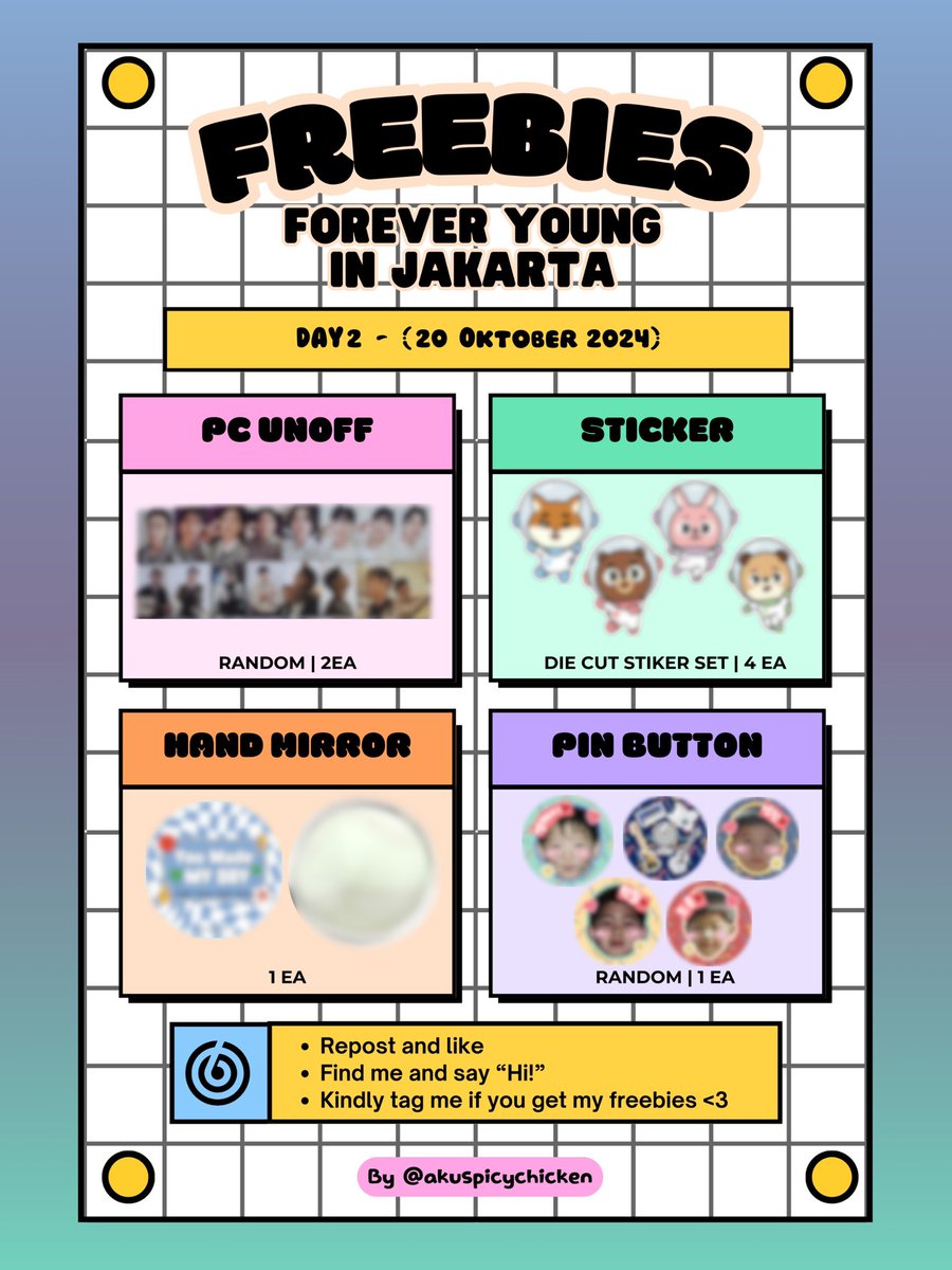 akuspicychicken's tweet photo. ✨DAY6 Forever Young in Jakarta
Freebies by @akuspicychicken 🍀✨

📅 Oct 20 2024 (Day 2)
📍BCIS (location TBA)
‼️Limited qty

How to claim?
🔁 Repost &amp; like this post
👋🏻 Find me &amp; say Hi!
💌 Kindly tag me if you get my freebies

See you soon, MYDAY!! 🍀
#DAY6 #Day6inJKT #MYDAY https://t.co/DubomVoWFV