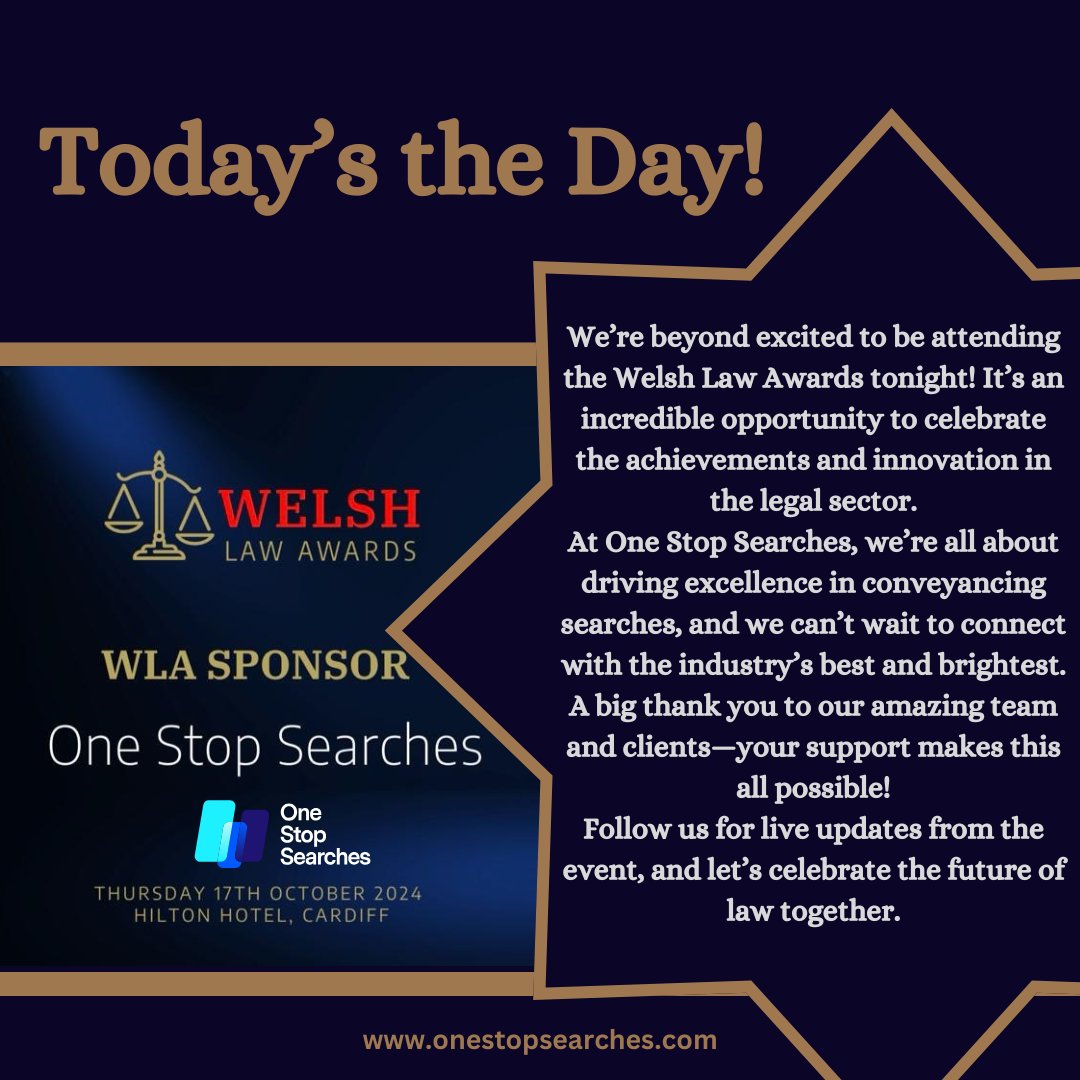 Today is the day! See us tonight at the Welsh Law Awards to find out more about One Stop Searches.
#WelshLawAwards #conveyancing #onestopsearches