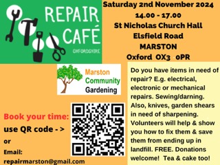 Marston Eco Group (@eco_marston) on Twitter photo <a href="/MarstonCommuni1/">MarstonCommunityGardening</a>
Marston's next Repair Cafe is on Saturday 2 November 14.00 to 17.00 hrs. St Nicholas Church Hall, Old Marston, OX3 0PR It is free, though donations will be welcome. Tea & cake. Booking: tinyurl.com/MarstonRepairC… Or email: repairmarston@gmail.com <a href="/MarstonCommuni1/">MarstonCommunityGardening</a>
Marston's next Repair Cafe is on Saturday 2 November 14.00 to 17.00 hrs. St Nicholas Church Hall, Old Marston, OX3 0PR It is free, though donations will be welcome. Tea & cake. Booking: tinyurl.com/MarstonRepairC… Or email: repairmarston@gmail.com