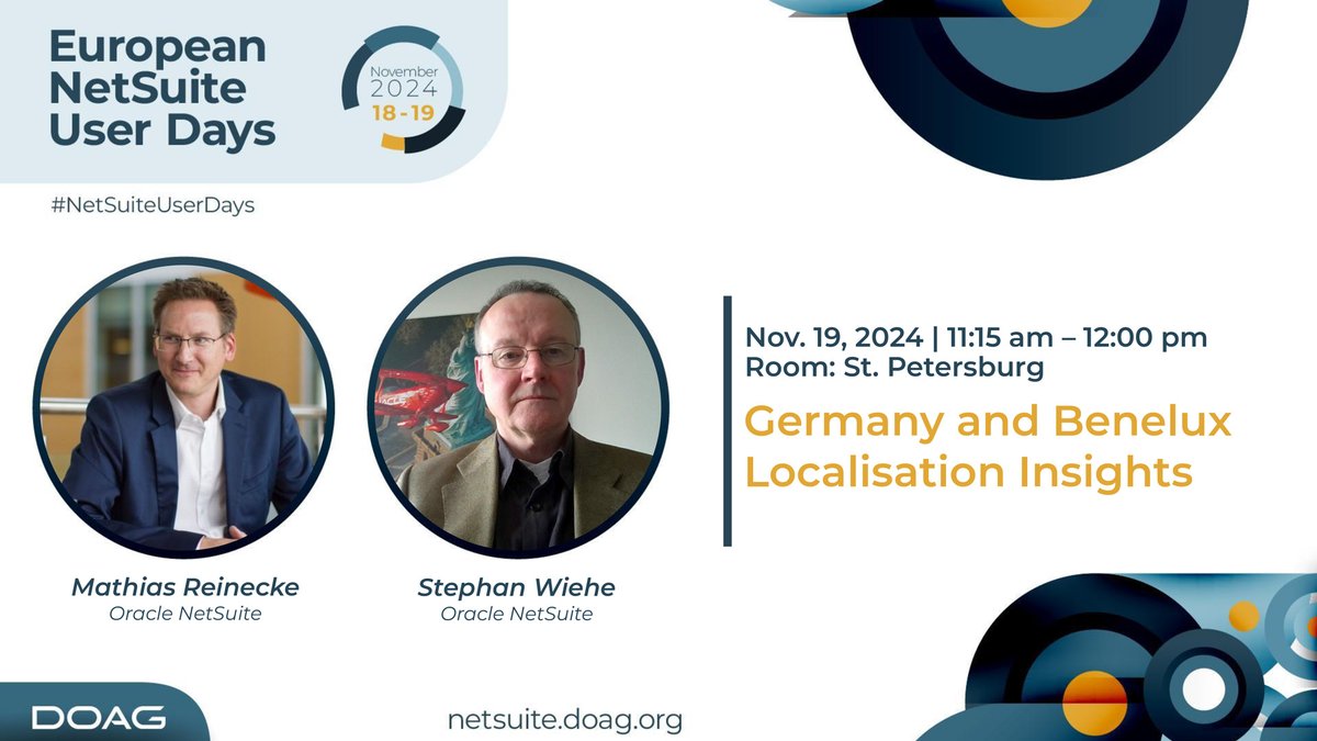 AltaVia's tweet photo. Mathias Reinecke &amp; Stephan Wiehe (Regional Product Managers, DACH &amp; Benelux at @Oracle #NetSuite) will be sharing key updates on: Central Bank Reports, SuiteTax, GoBD Export, Direct VAT Report upload to Digipoort, live demos, expert tips, Q&amp;A. Let's meet: https://t.co/btZYml1poO https://t.co/m893tdCxNY
