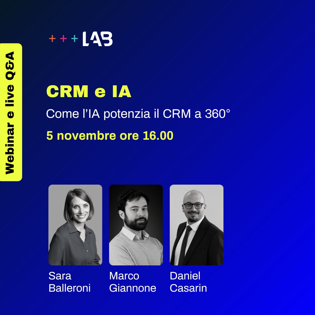 🤔 Cosa scoprirai nel webinar su CRM e Intelligenza Artificiale? 

📌 Come sta evolvendo il complesso rapporto fra CRM e IA

📌 Alcune delle principali funzionalità abilitate dall’IA (facendo riferimento all’applicativo CRM HubSpot)

Iscriviti✏️ shorturl.at/pvvEC