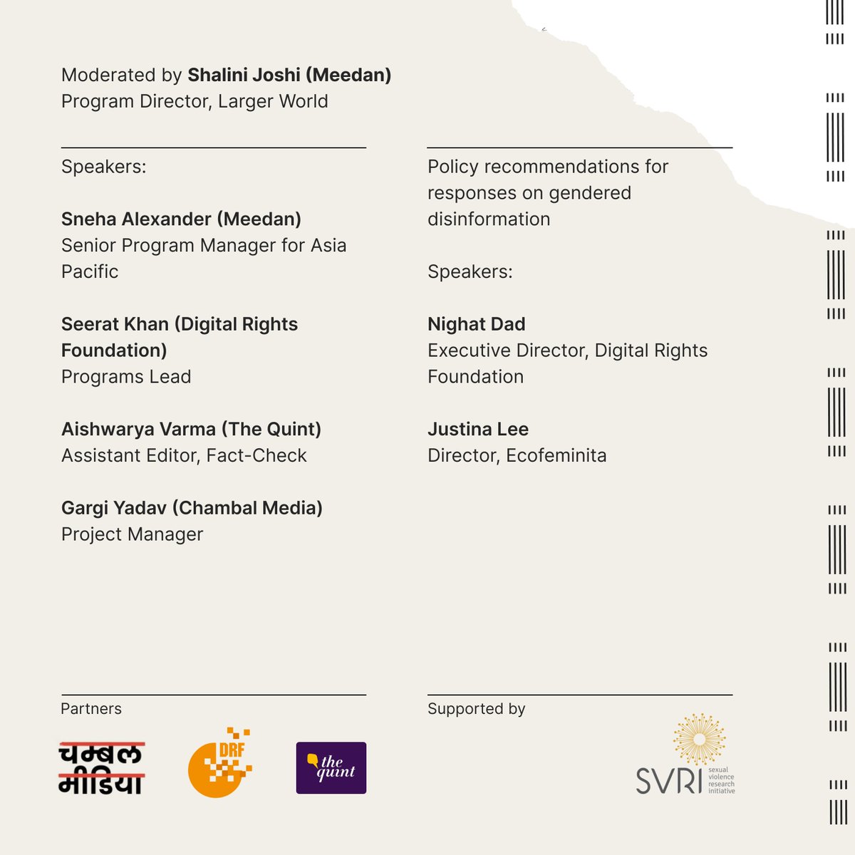 meedan's tweet photo. Mark your calendars for Oct. 29 and sign up today to attend our interactive online session on gendered disinformation in South Asia. We’ll be joined by partners from Chambal Media, @DigitalRightsPK, and @TheQuint.

Register now: https://t.co/WNLAEtteg8 https://t.co/3sKK8mz2ka
