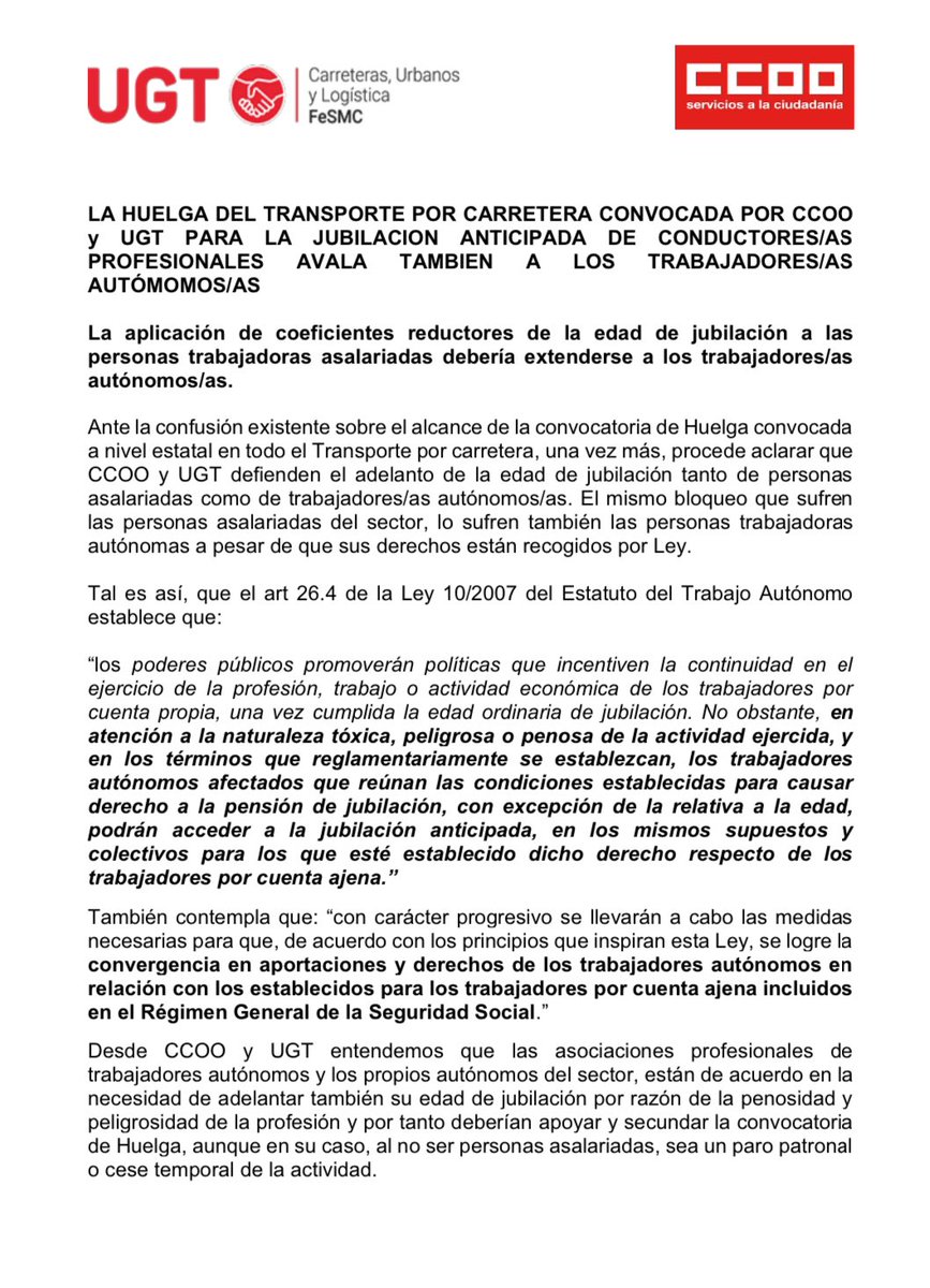 Comunicado conjunto de UGT y CCOO 👉🏻