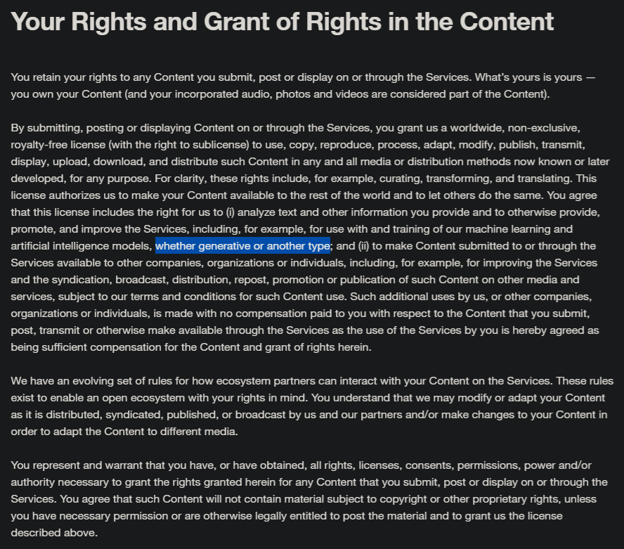 GamingSinceNES's tweet image. Honestly anyone who&apos;s an artist or creates content should leave this site if they were planning on promoting their content.

This Elon fk is now moving to use any content posted on the site to help train their generative AI if posted on the site.

That feels egregious.