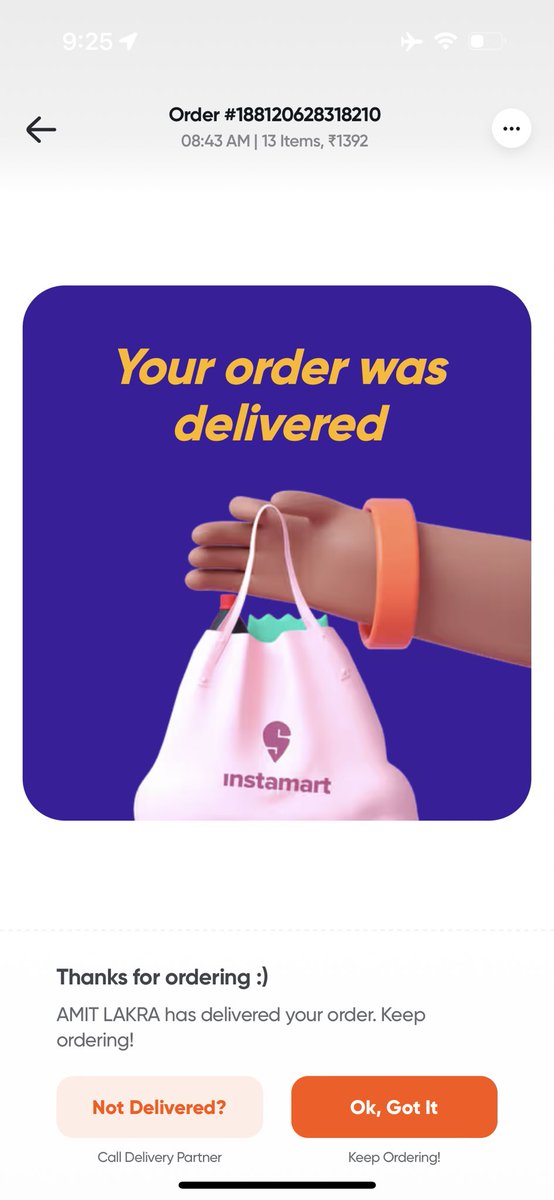 pradeep1990p's tweet photo. @SwiggyInstamart 
@Swiggy @SwiggyCares @SwiggyTech @Swiggy I have place order from instamart, I have paid for everything but rider didn’t deliver auger. Raise complaint on app in help but no response. I called rider but he told that he submit back to the store. What to do now ? https://t.co/TDRQRpniEE