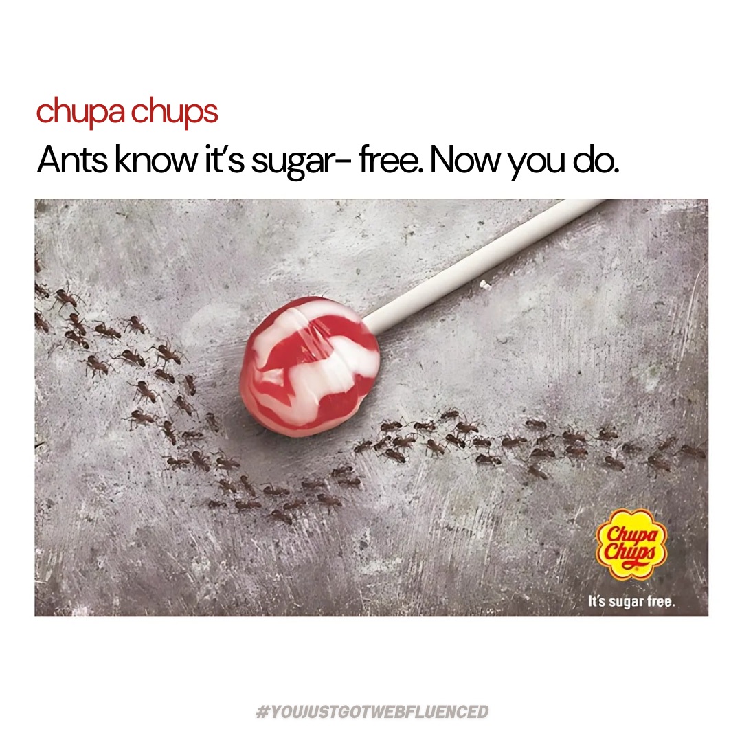 WebF_Official's tweet photo. When visuals speak louder than words. Chupa Chups nailed it—sugar-free, loud and clear, even ants get the memo. That's how powerful storytelling works. #BrandingMasterclass #VisualStorytelling #Webfluenced https://t.co/VnbKzvnOwe