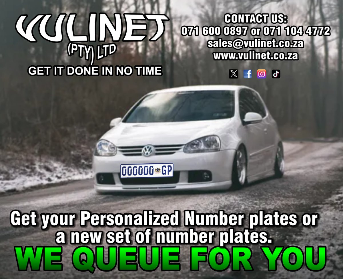 Vulinet Pty Ltd (@vulinet) on Twitter photo VULINET (Pty) Ltd- Get your personalized number plates or a new set number plates. We stand in the queue for you. Call NOW! 0716000897 or 0711044772 or email us on sales@vulinet.co.za
Visit our website: vulinet.co.za
#Vulinet #LicenseDisc #PersonalizedNumberPlates VULINET (Pty) Ltd- Get your personalized number plates or a new set number plates. We stand in the queue for you. Call NOW! 0716000897 or 0711044772 or email us on sales@vulinet.co.za
Visit our website: vulinet.co.za
#Vulinet #LicenseDisc #PersonalizedNumberPlates
