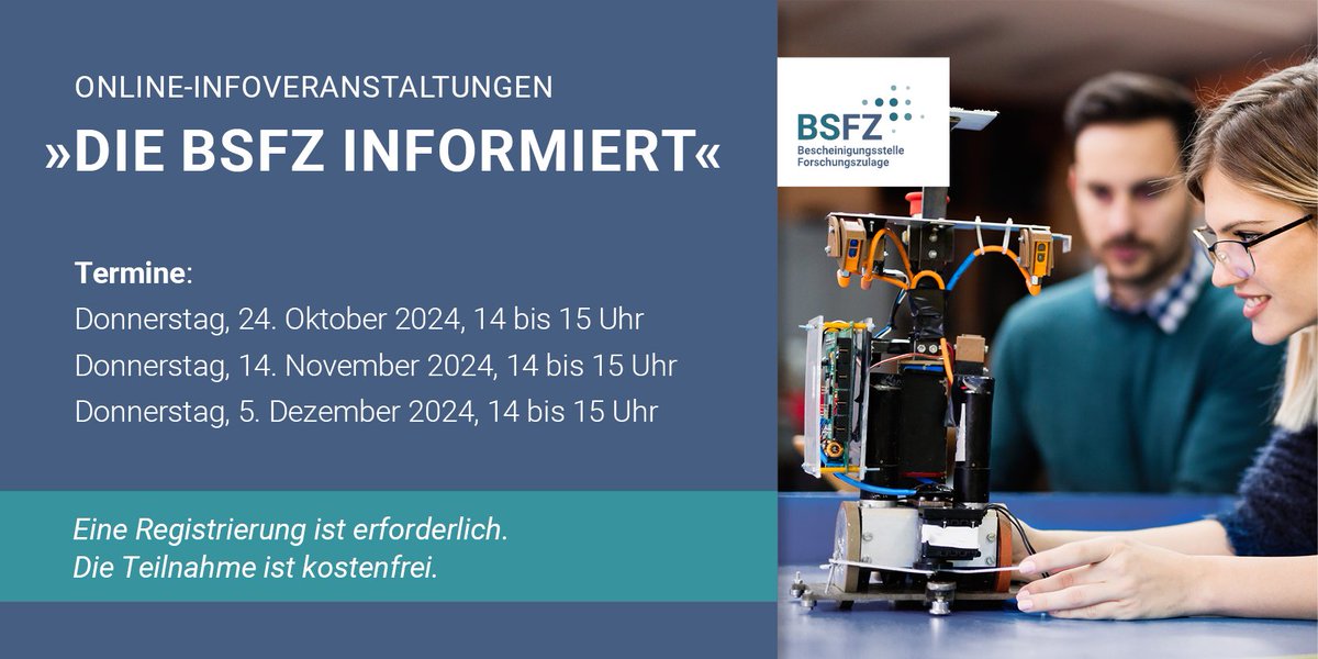 AiF Projekt GmbH (@aif_projektgmbh) on Twitter photo 📅 #Veranstaltungshinweis "Die BSFZ informiert"
Am Do., 24.10. geben unsere Kolleg:innen vom <a href="/technikzukunft/">VDI Technologiezentrum GmbH</a> im #Webinar einen kompakten Einstieg zu den wichtigsten Informationen zum Antrag auf Bescheinigung über #FuE bei der #BSFZ.
➡️ Zur Anmeldung: bescheinigung-forschungszulage.de/veranstaltungen 📅 #Veranstaltungshinweis "Die BSFZ informiert"
Am Do., 24.10. geben unsere Kolleg:innen vom <a href="/technikzukunft/">VDI Technologiezentrum GmbH</a> im #Webinar einen kompakten Einstieg zu den wichtigsten Informationen zum Antrag auf Bescheinigung über #FuE bei der #BSFZ.
➡️ Zur Anmeldung: bescheinigung-forschungszulage.de/veranstaltungen