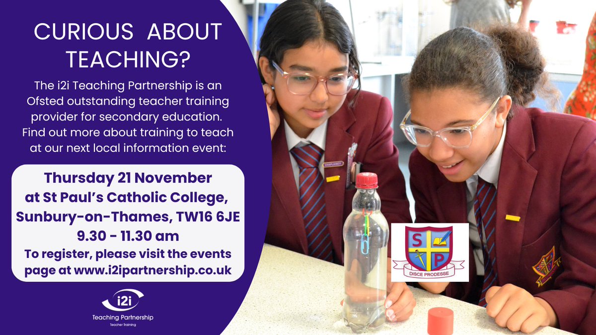 After half term we have several in-person train to teach information events. A great opportunity to speak with teaching representatives &amp; see teaching in action. To register, pls visit bit.ly/traintoteachev… We hope to see you soon. #pgce #qts #getintoteaching #scitt