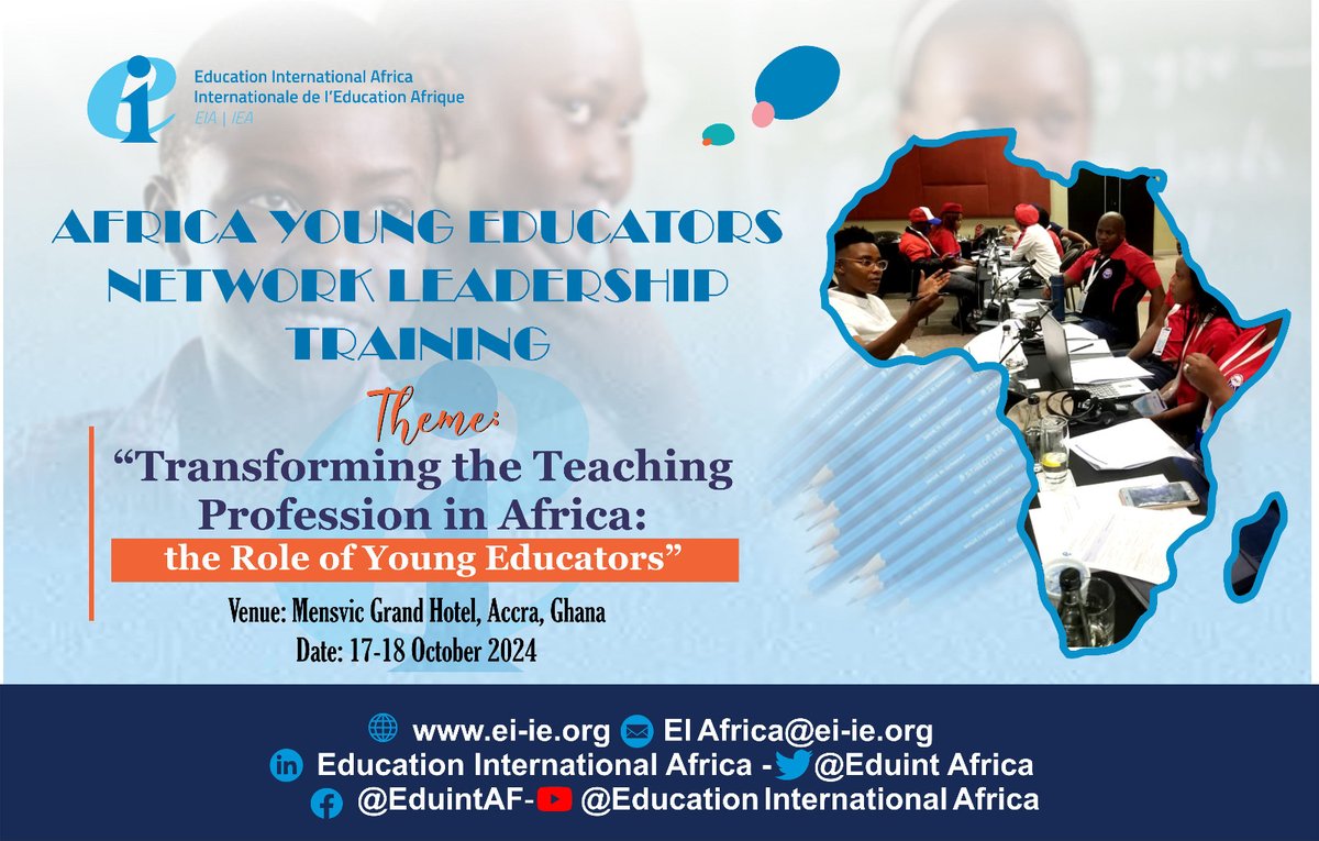EduintAfrica's tweet photo. Our two-day African Young Educators Network (AYEN) Leadership Training has officially commenced in Accra, Ghana. Join us as we empower AYEN members to enhance their leadership skills and amplify their voices in union decision-making.
#YoungEducators #GoPublic #FundEducation https://t.co/4BAlvHgbmA