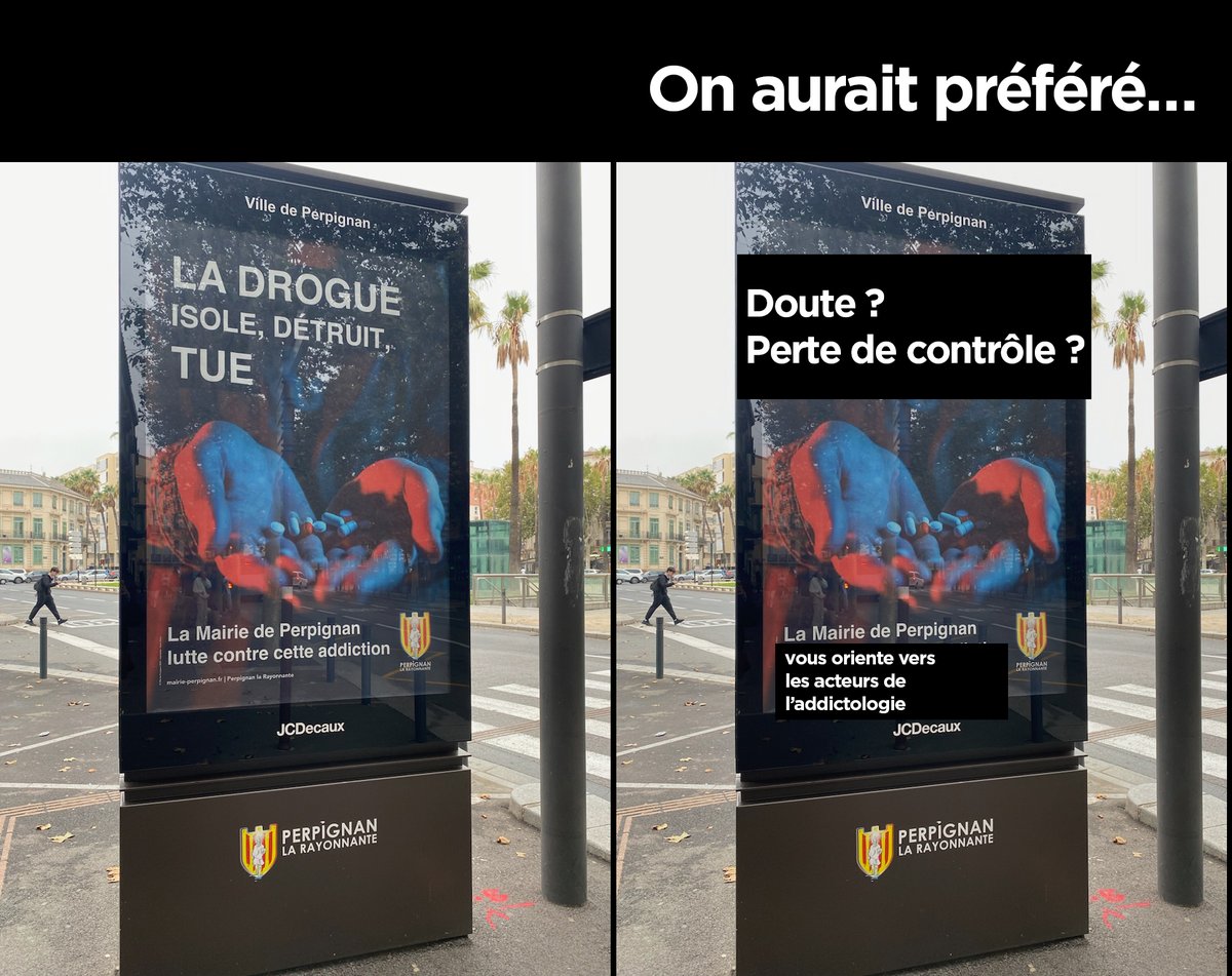 Fédération Addiction (@fedeaddiction) on Twitter photo Nos adhérents en Occitanie nous signalent une nouvelle campagne de la municipalité de Perpignan sur les drogues… Franchement <a href="/MairiePerpignan/">Ville de Perpignan</a>, vous auriez pu faire beaucoup mieux ! Nos adhérents en Occitanie nous signalent une nouvelle campagne de la municipalité de Perpignan sur les drogues… Franchement <a href="/MairiePerpignan/">Ville de Perpignan</a>, vous auriez pu faire beaucoup mieux !