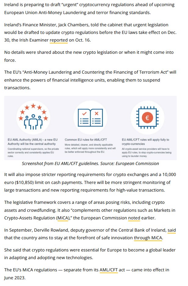 alpepinnazzo's tweet photo. 🇮🇪Ireland drafting urgent #crypto laws before EU money-laundering rules come into place on Dec 30
https://t.co/8CHbZEdSdj
@Andre_Dragosch 🧐
#markets #Compliance #Blockchain #Bitcoin #DeFi #NFT #criptocurrencies $EURUSD $SPX $COIN $HOOD $MARA $DB $HSBC $UBS $SAN $BREA $MTEM https://t.co/TofYRoP6jP