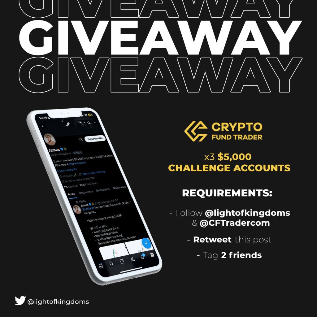 lightofkingdoms's tweet photo. 🚨GIVEAWAY🚨 

3 x 5,000$ challenge account from @CFTradercom 

- Follow @lightofkingdoms , @CFTradercom 
- like and retweet the post 
- Tag 2 friends 

Follow my instagram -https://t.co/0XN6glg9jZ

Winners in next 72 hours https://t.co/hfJHHbRhDs
