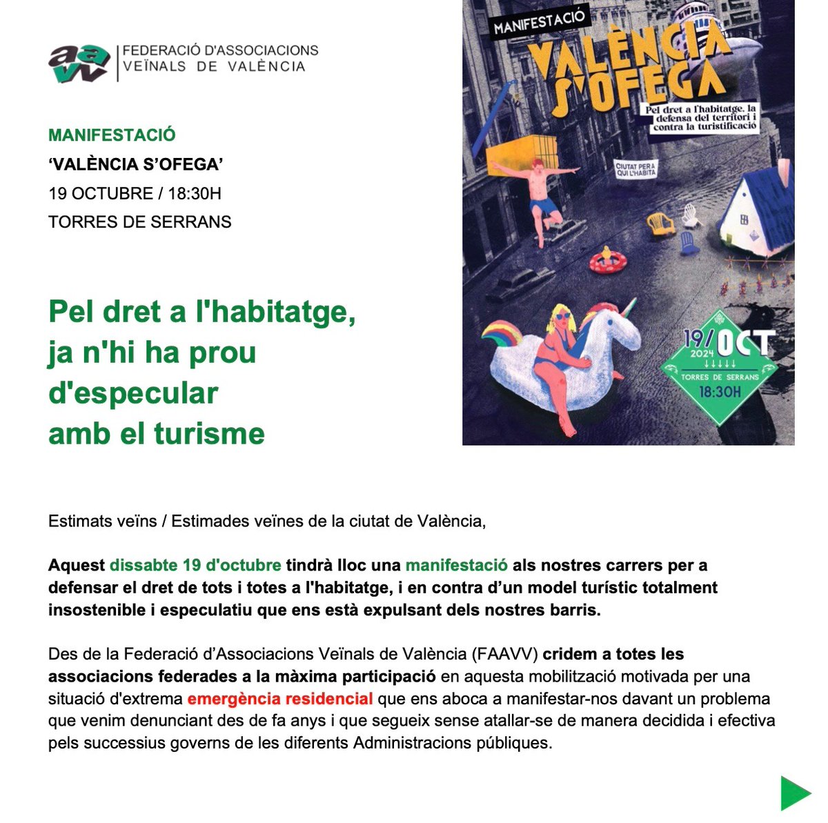 FedVeinalVLC's tweet photo. 🚨 Aquest dissabte tindrà lloc una manifestació per a defensar el dret a l'habitatge, i en contra d’un model turístic que ens està expulsant dels nostres barris.

📢 Pel dret a l'habitatge, ja n'hi ha prou d'especular amb el turisme!

 València s’ofega!  #ValènciaNOestàEnVenda https://t.co/PBcgsrHIZq