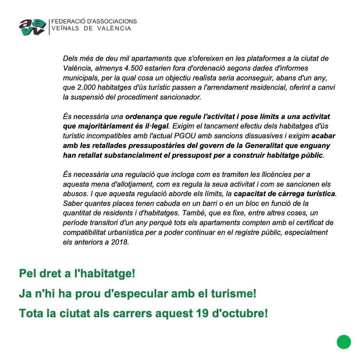 FedVeinalVLC's tweet photo. 🚨 Aquest dissabte tindrà lloc una manifestació per a defensar el dret a l'habitatge, i en contra d’un model turístic que ens està expulsant dels nostres barris.

📢 Pel dret a l'habitatge, ja n'hi ha prou d'especular amb el turisme!

 València s’ofega!  #ValènciaNOestàEnVenda https://t.co/PBcgsrHIZq