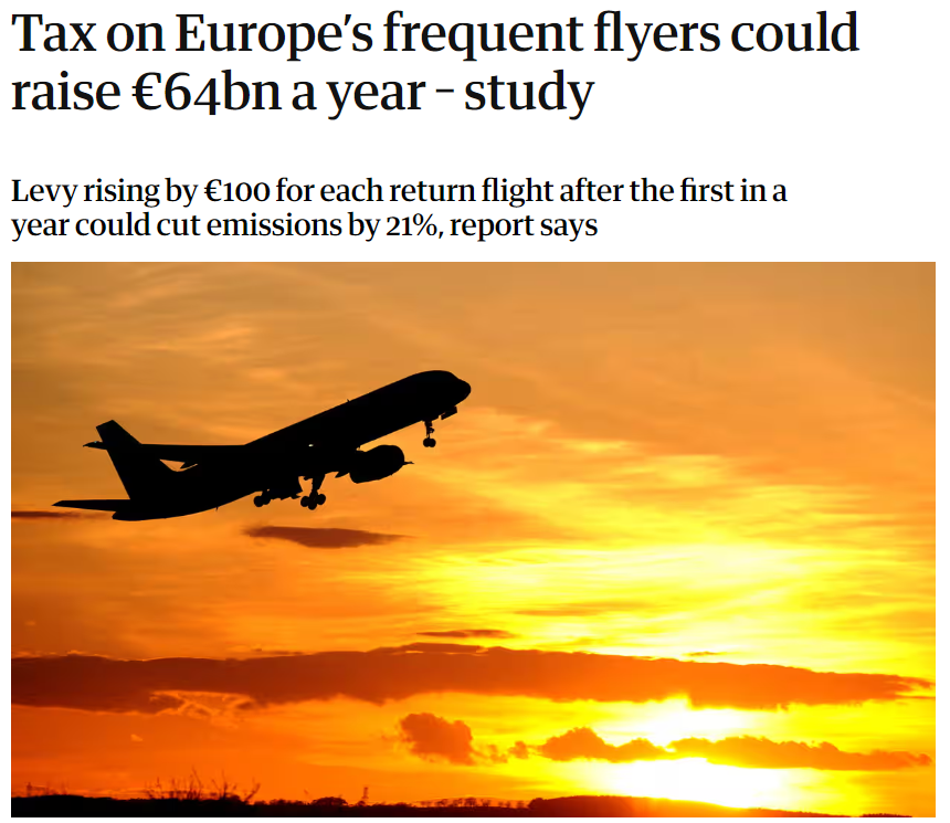 NEF's tweet photo. A frequent flying levy across Europe would cut aviation emissions by a fifth. Our new report covered in @guardian today https://t.co/zqsGQoKNKT https://t.co/VDc3uTAnJf