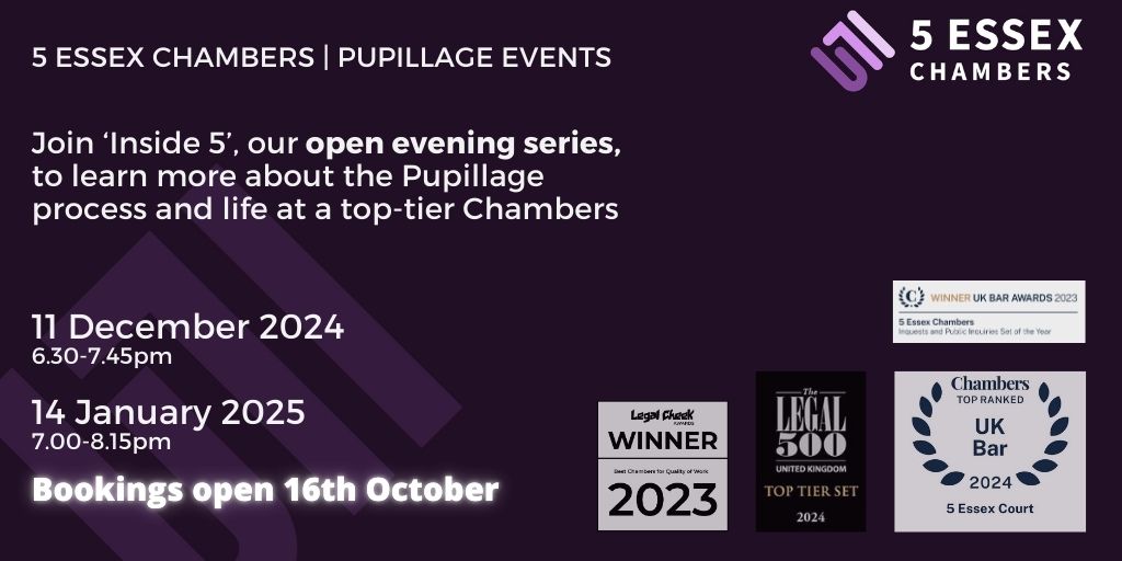 5 Essex Chambers is delighted to invite prospective pupils to ‘Inside Five’, a series of in person and online open evenings designed to provide an insight into the pupillage process and life at a top set.
To book, please click here: lnkd.in/esY8GNdN
<a href="/Pupillages/">5 Essex Pupillages</a>