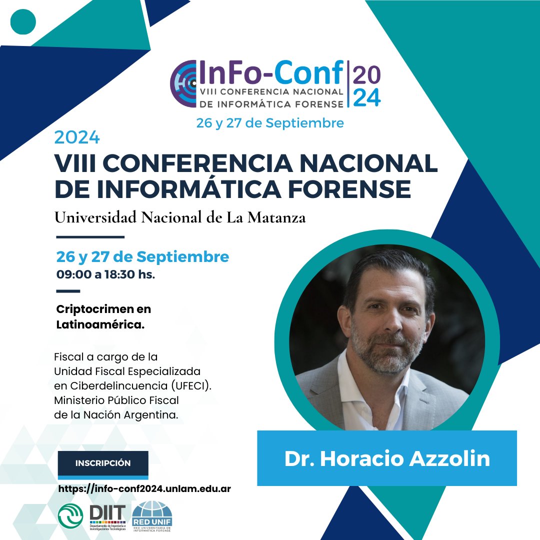 GioiaCintia's tweet photo. InFo-Conf 2024 - VIII Conferencia Nacional de Informática Forense
Disertación del Dr. @horacioazzolin, "Criptocrimen en Latinoamérica": https://t.co/w0GA95kso0
Como siempre una alegría que estes presente en la InFo-Conf!
@unlamoficial @DiitUnlam #RedUNIF @infolabmdq @CrimL4b https://t.co/q6FJVKzVhe