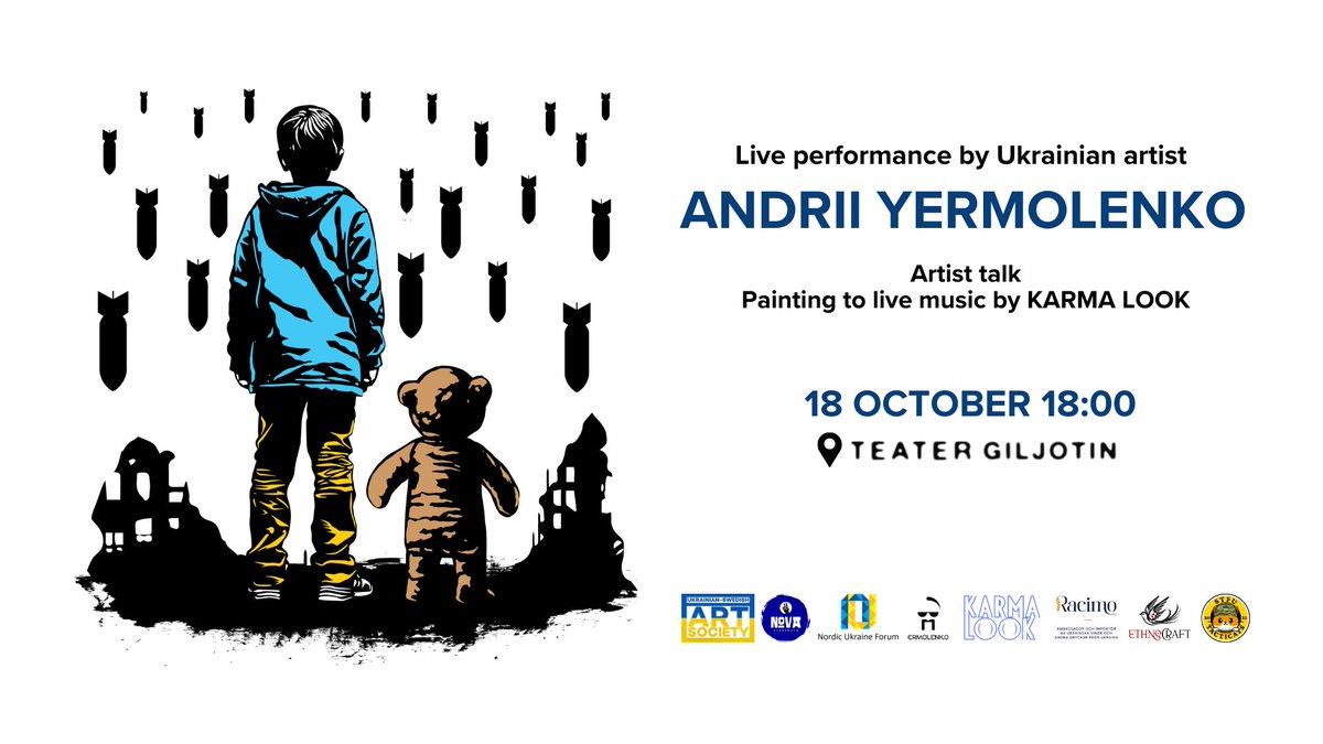 nordicukraine's tweet photo. Missa inte! Imorgon fredag 18/10 kl. 18 på Teater Giljotin- en unik konstperformance med prisbelönta 🇺🇦 konstnären &amp; illustratören Andrii Yermolenko!

Under kvällen samtalal Andrii med journalisten &amp; författaren @lisabjurwald.

Mer info https://t.co/JeFW6Nc9JP > https://t.co/Z5qMCcKeMe