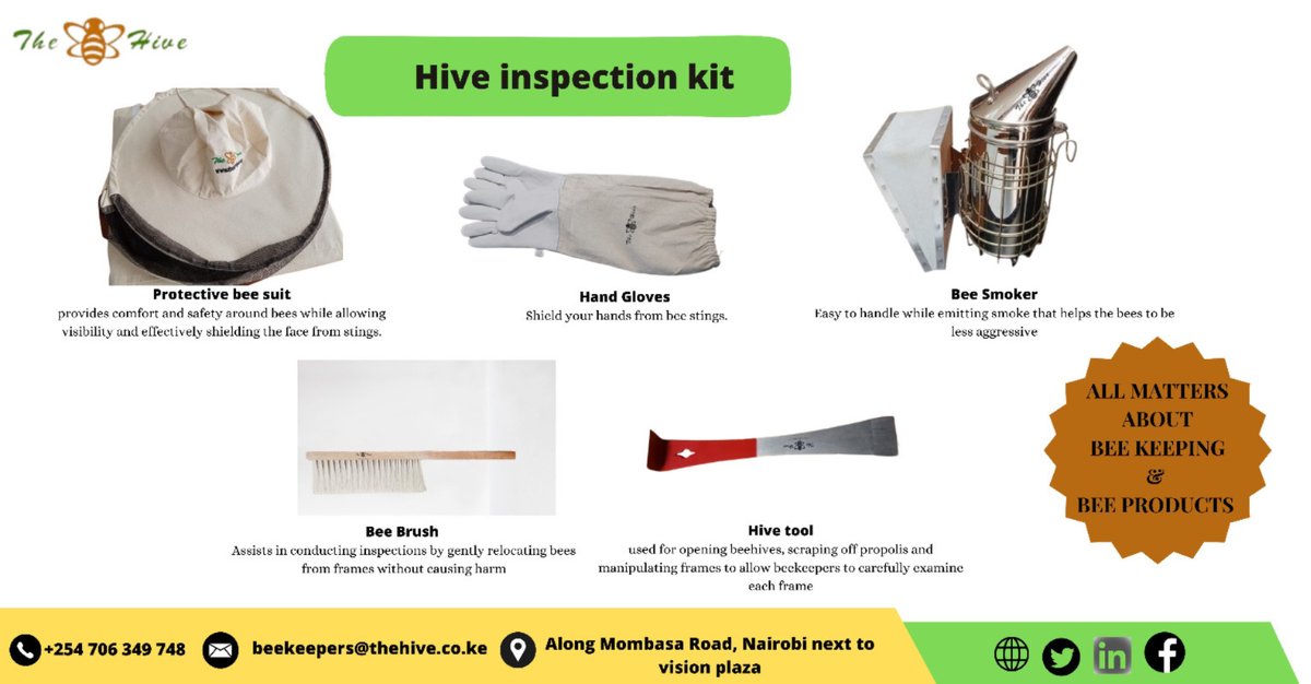 TheHiveLimited's tweet photo. Gear Up for safe &amp; easy hive inspection with reliable #Hiveinspection kit.
For orders &amp; inquiries, kindly visit our branches or contact us at +254 706 349 748 or email us at beekeepers@thehive.co.ke.
#bee #TheHive #kenya #smoker #beebrush #beesuit #hivetool #beekeepers #honey https://t.co/JfK5p4h1mb
