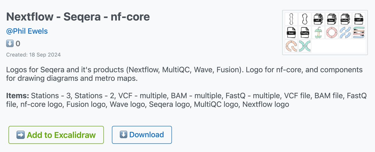 Phil Ewels (@tallphil) on Twitter photo It's in! You can now hit "Browse libraries" in <a href="/excalidraw/">Excalidraw</a> and find a bunch of icons for drawing <a href="/nextflowio/">Nextflow</a> / <a href="/nf_core/">nf-core</a> / <a href="/MultiQC/">MultiQC</a> / whatever schematics 🥳 🎉
libraries.excalidraw.com/#ewels-nextflo… It's in! You can now hit "Browse libraries" in <a href="/excalidraw/">Excalidraw</a> and find a bunch of icons for drawing <a href="/nextflowio/">Nextflow</a> / <a href="/nf_core/">nf-core</a> / <a href="/MultiQC/">MultiQC</a> / whatever schematics 🥳 🎉
libraries.excalidraw.com/#ewels-nextflo…