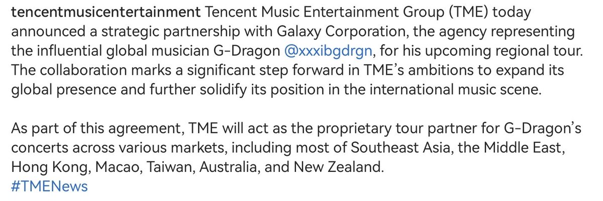 WhiteTamar1's tweet photo. "TME will act as the proprietary tour partner for G-Dragon's concerts across various markets, including most of Southeast Asia, the Middle East, Hong Kong, Macao, Taiwan, Australia, and New Zealand."

Yes let's go Singer #GDRAGON 🎤🕺🏻❤❤❤ https://t.co/QP5tDcZSOB