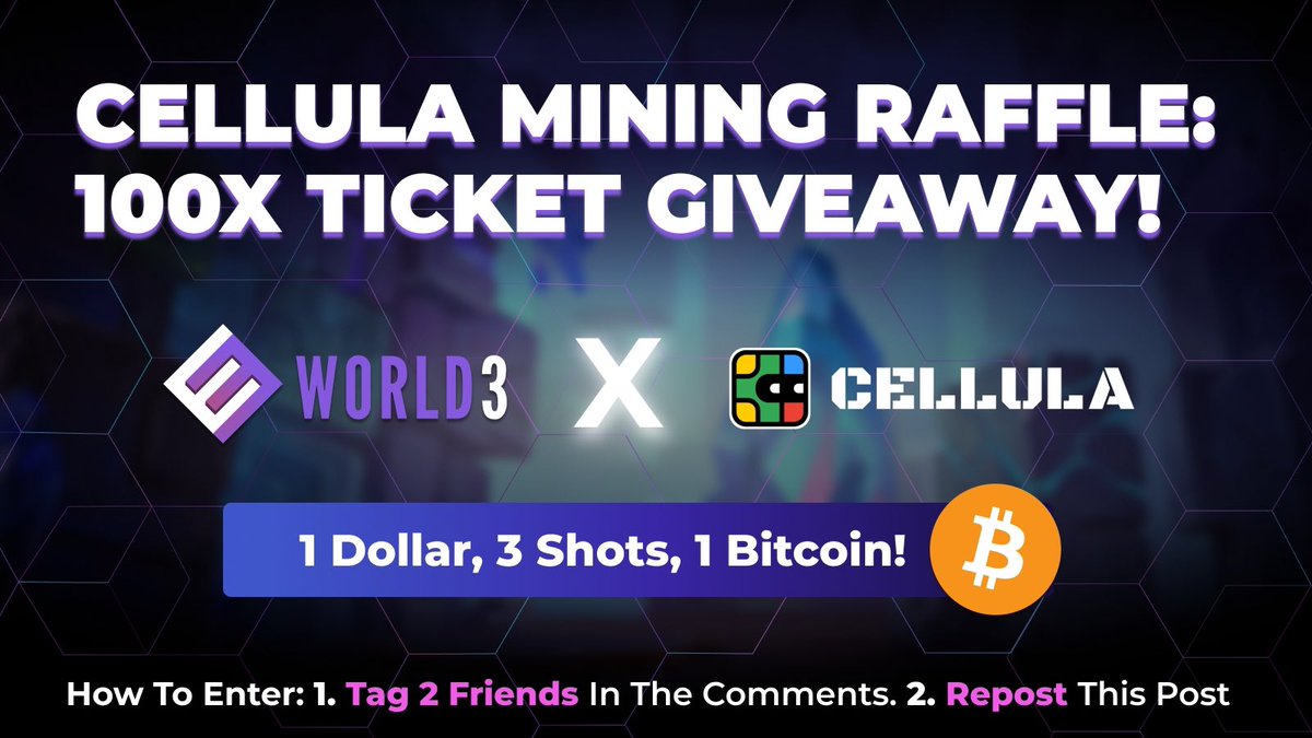 WORLD3_AI's tweet photo. 🚀 GIVEAWAY ALERT! 🚀

We’re giving away 100 tickets to 20 lucky winners in partnership with @cellulalifegame for the Mining Raffle event: 1 Dollar, 3 Shots, 1 Bitcoin! 🎟️💰

How to Enter the Giveaway:
Step 1: Tag 2 friends in the comments!
Step 2: Repost this post!

🎉 Winners will be announced on October 21, 2024, and each will receive an invitation link with 5 tickets!

Join the Cellula Mining Raffle by paying just 0.00167 BNB (1 USDT) and get a chance to win from 3 prize pools with a total 1 BTC in rewards! 💸

🔥 Don’t miss out! #Giveaway #Crypto #BNB #Bitcoin #CellulaRaffle #Cellula #CellulaMiningRaffle
