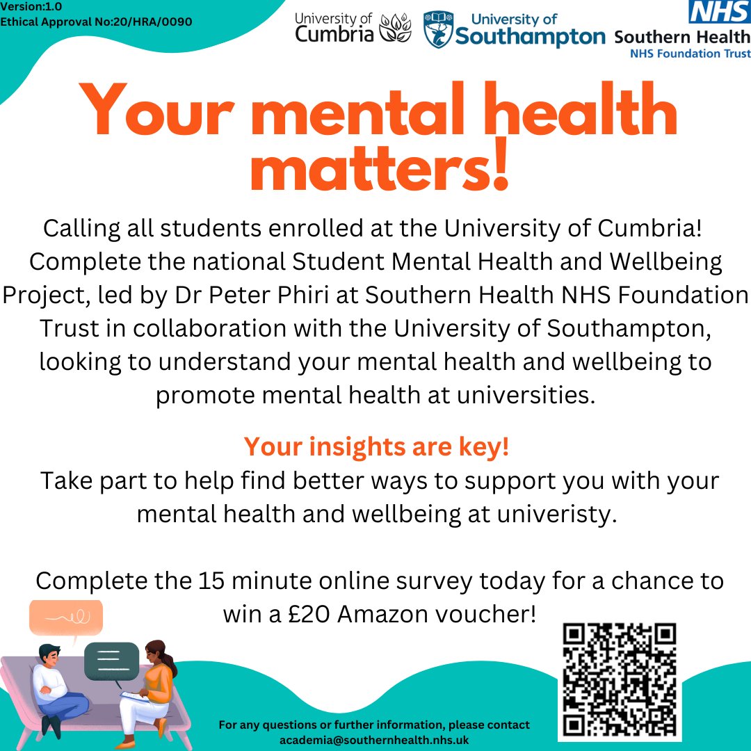Take part in a research study about student wellbeing, mental health, and access to support services.

The survey takes around 15 minutes, and you could win a £20 Amazon voucher as a thank you! bit.ly/4b4JgiI 

#UoCStudentServices #MentalHealth
