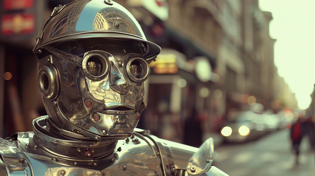 stockcake_com's tweet photo. Futuristic Urban Robot: A metallic #robotics with a reflective surface stands poised on a bustling #urban street, captivating #cityscape dwellers. #futuristech #metallicdesign #citylife #innovation #digitalart #techphoto #creators ⬇️ Download and 📝 Prompt 👉 https://t.co/a82CBjCGDw
