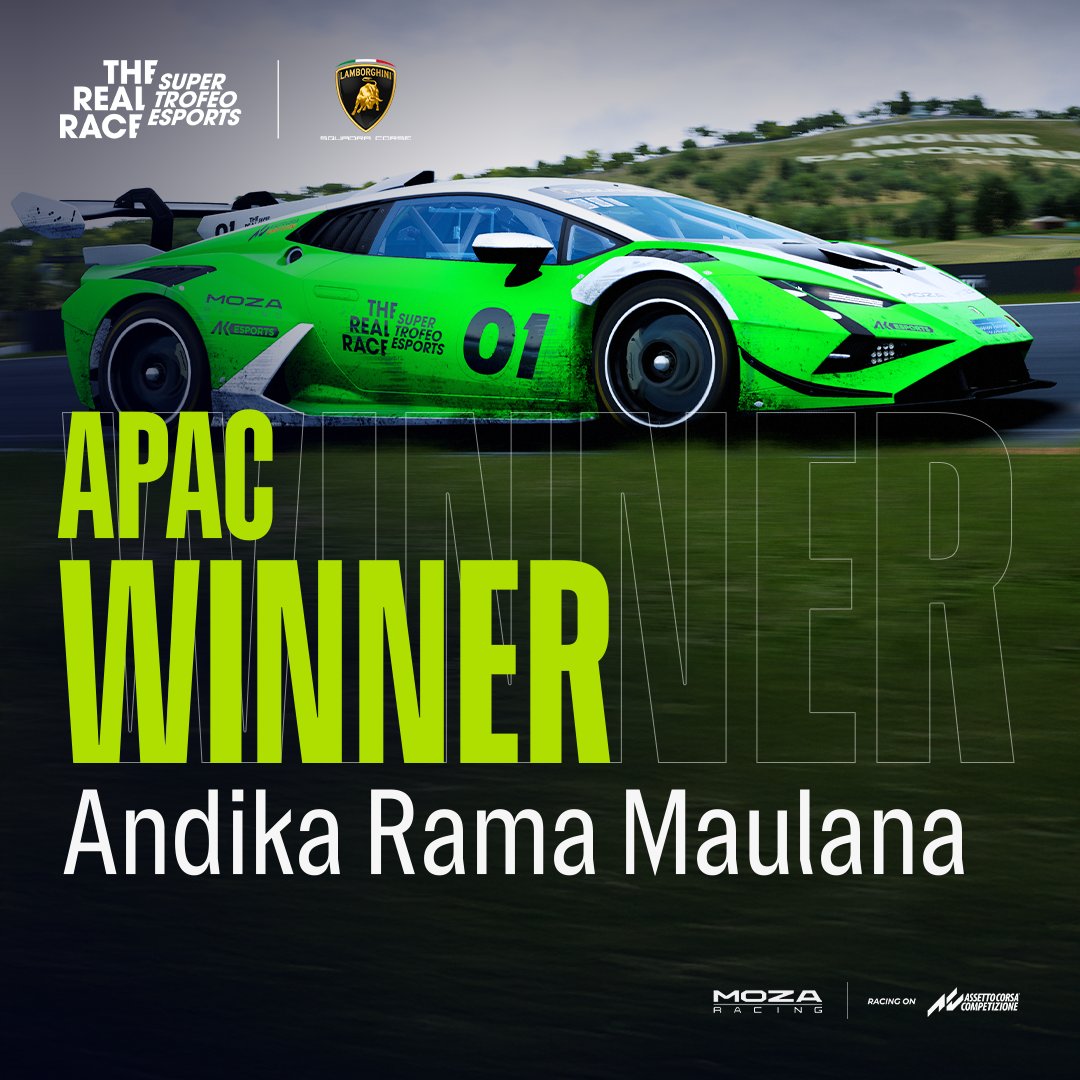 AKEsportsIT's tweet photo. And that’s a wrap, everyone! 🏁
A big shoutout and congratulations to the APAC Regional Final WINNER of The Real Race - Super Trofeo Esports 2024! 🏆

Racing on @AC_assettocorsa Competizione

@Lamborghini - @LamborghiniSC - @AKEsportsIT - @moza_racing 

#Lamborghini https://t.co/r76SK973re