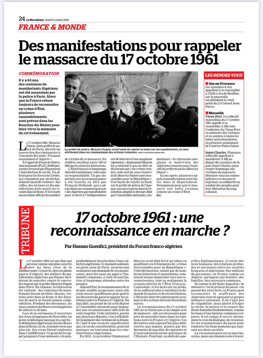 Guenfici_Hassan's tweet photo. Promis je n’ai aucune action dans la presse régionale 😂 merci à elle en tout cas de permettre  l’expression citoyenne. 
Et si je me suis « autorisé » cette nouvelle tribune, c’est pour rappeler l’importance d’avancer vers une reconnaissance du 17 octobre 1961. @ForumFrAl #17octobre1961 @lamarsweb