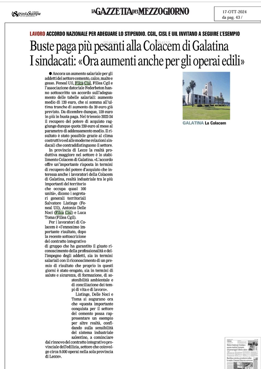 filcacislpuglia's tweet photo. #Cemento, soddisfazione a #Colacem di #Galatina (100 addetti) per l'adeguamento salariale nazionale, che si aggiunge al premio di risultato deciso col contratto integrativo di gruppo. #Sindacati: "Ora si rinnovi il #contratto provinciale dell'#edilizia per i 9.000 addetti".#Lecce https://t.co/NeCzXZr7O0