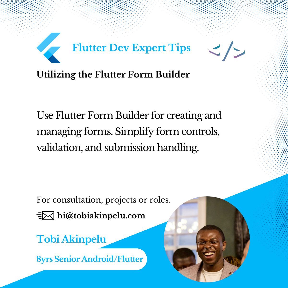 tobiakinpelu_'s tweet image. Simplify Form Management in Flutter!
Discover Flutter Form Builder, a comprehensive package for creating and managing forms!
- Various form controls
- Validation and submission handling
- Easy implementation

Like, Comment, and Share!

#FlutterDev #FlutterFormBuilder #UserInput