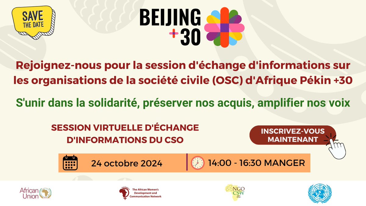 FEMNET (@femnetprog) on Twitter photo ๐๏ธ Save the Date!
>>> ๐๐ก๐ฎ๐ซ๐ฌ๐๐๐ฒ ๐๐๐ญ๐ก ๐๐๐ญ๐จ๐๐๐ซ ๐๐๐๐
Join us for the Africa Beijing +30 Information sharing session for Civil Society Organizations (CSOs).
๐ ๐๐ก๐ - ๐:๐๐๐ก๐ ๐ผ๐ธ๐
๐ ๐ณ๐จ๐จ๐ฆ: bit.ly/CSOsConsultatiโฆ
#AfricaBeijing30 #Beijing30 ๐๏ธ Save the Date!
>>> ๐๐ก๐ฎ๐ซ๐ฌ๐๐๐ฒ ๐๐๐ญ๐ก ๐๐๐ญ๐จ๐๐๐ซ ๐๐๐๐
Join us for the Africa Beijing +30 Information sharing session for Civil Society Organizations (CSOs).
๐ ๐๐ก๐ - ๐:๐๐๐ก๐ ๐ผ๐ธ๐
๐ ๐ณ๐จ๐จ๐ฆ: bit.ly/CSOsConsultatiโฆ
#AfricaBeijing30 #Beijing30