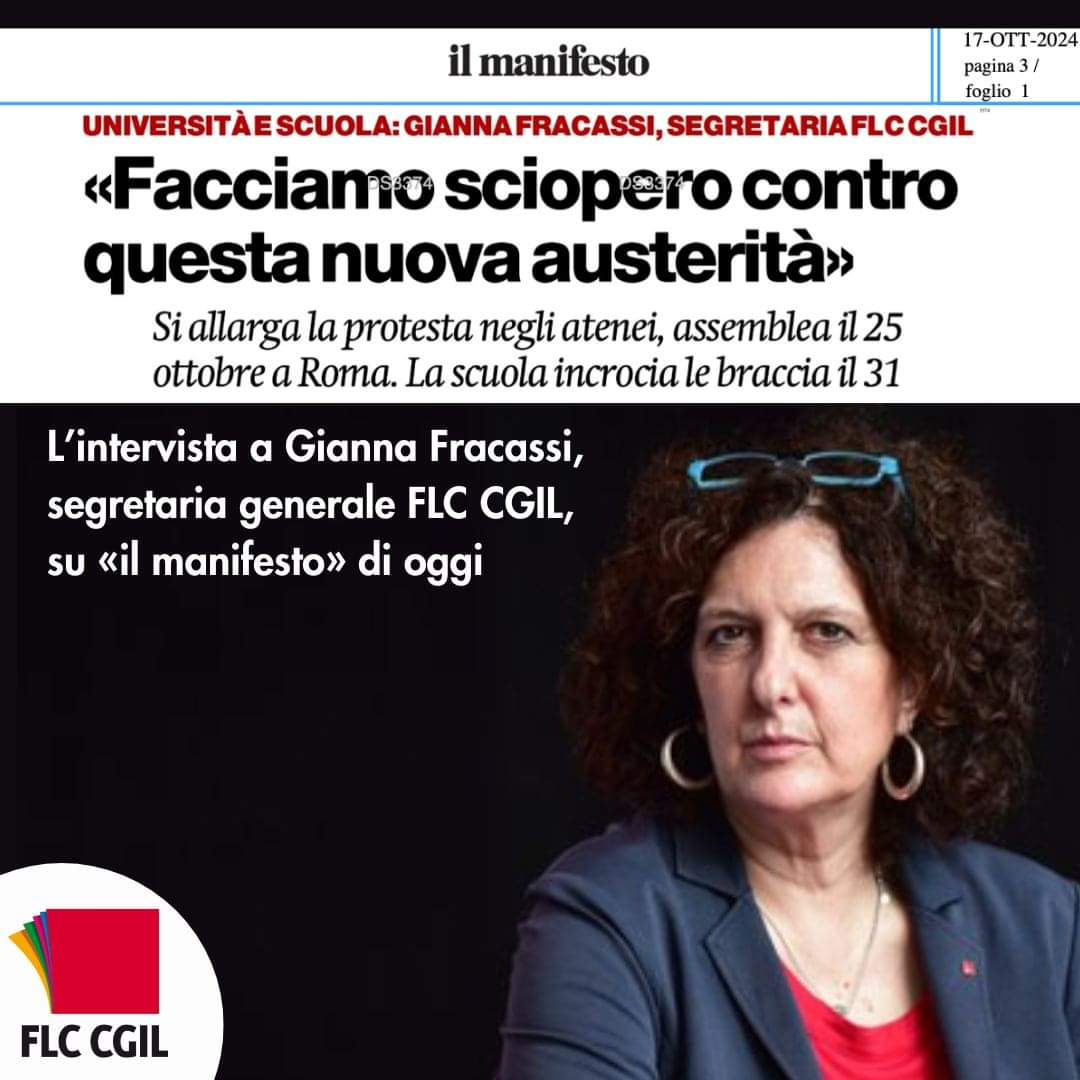 FLC CGIL nazionale (@flccgil) on Twitter photo Sciopero #scuola il 31/10: i precari vanno assunti e gli stipendi aumentati. Partecipiamo alla mobilitazione delle università contro i tagli. La prossima manovra rischia di aggiungerne altri. Diritto allo studio a pezzi e più precariato.
🗞 <a href="/giannafracassi/">Gianna Fracassi</a> su <a href="/ilmanifesto/">il manifesto</a> Sciopero #scuola il 31/10: i precari vanno assunti e gli stipendi aumentati. Partecipiamo alla mobilitazione delle università contro i tagli. La prossima manovra rischia di aggiungerne altri. Diritto allo studio a pezzi e più precariato.
🗞 <a href="/giannafracassi/">Gianna Fracassi</a> su <a href="/ilmanifesto/">il manifesto</a>