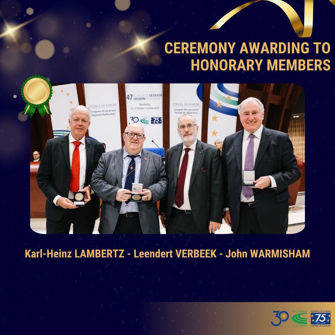 COECongress's tweet image. 🏅We’re delighted announce @KH_Lambertz, Leendert VERBEEK, @CllrJWarmisham received the Congress medal to honorary members. We are very honored to have you with us. 👏

#47thSession #Award @BELinCoE @UKDelCoE