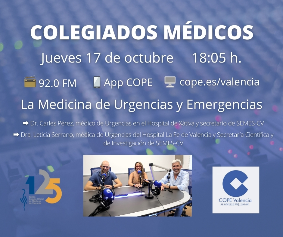 IICOMV's tweet photo. 🚨 A las ⏰ 18:05h. 'Colegiados Médicos' en @COPEValencia sobre la Medicina de Urgencias y Emergencias.

➡️ Dr. Carles Pérez, médico de Urgencias en @GVAdsxo y secretario de @SEMES_CV, y la Dra. Leticia Serrano, médica de Urgencias del @HospitalLaFe y Secretaría Científica y de Investigación de SEMES-CV.

📻 Escúchalo en la 92.0FM 
💻 https://t.co/zNBNXsU8PO
