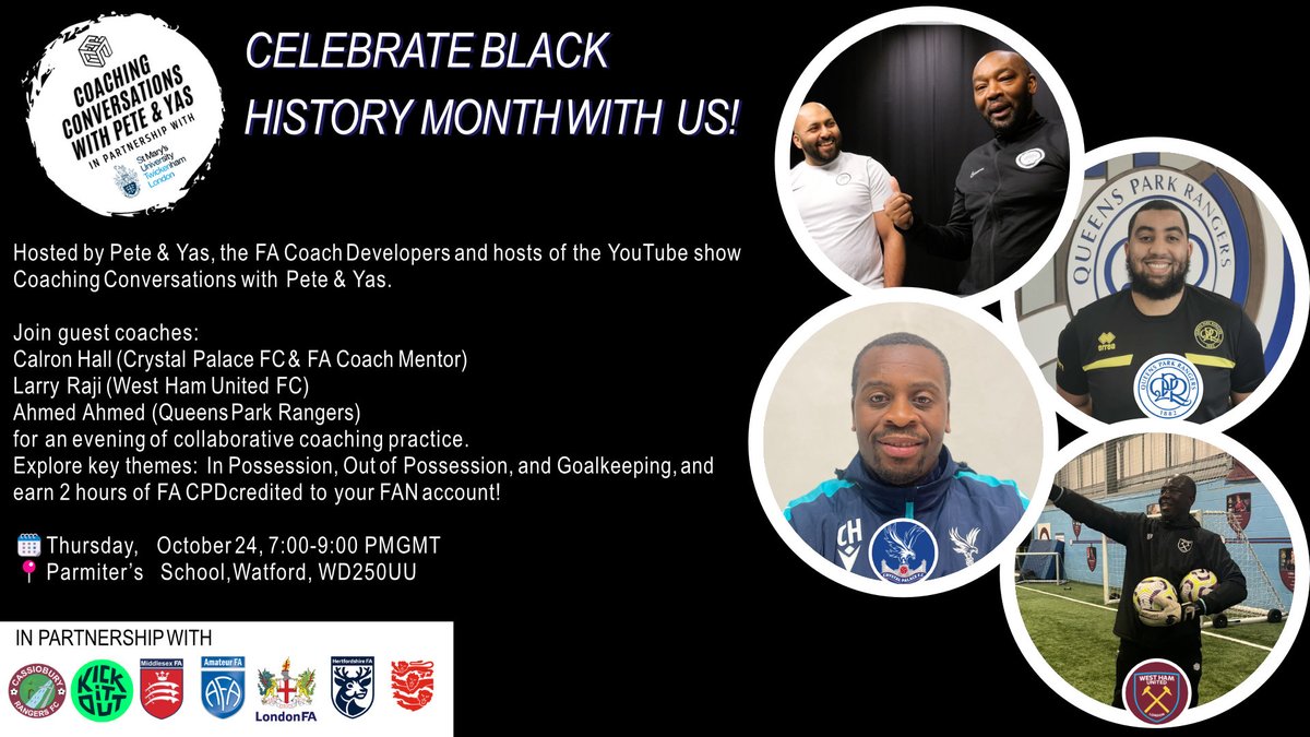 🚨 Just one week to go! Secure your place on this Coaches CPD event celebrating #BlackHistoryMonth with <a href="/TheCoachesNet/">𝘊𝘰𝘢𝘤𝘩 𝘠𝘢𝘴 - 𝘊𝘰𝘢𝘤𝘩 𝘋𝘦𝘷𝘦𝘭𝘰𝘱𝘦𝘳</a> and @KickItOut in Watford ➡️ bit.ly/HFA-BHM24CPD