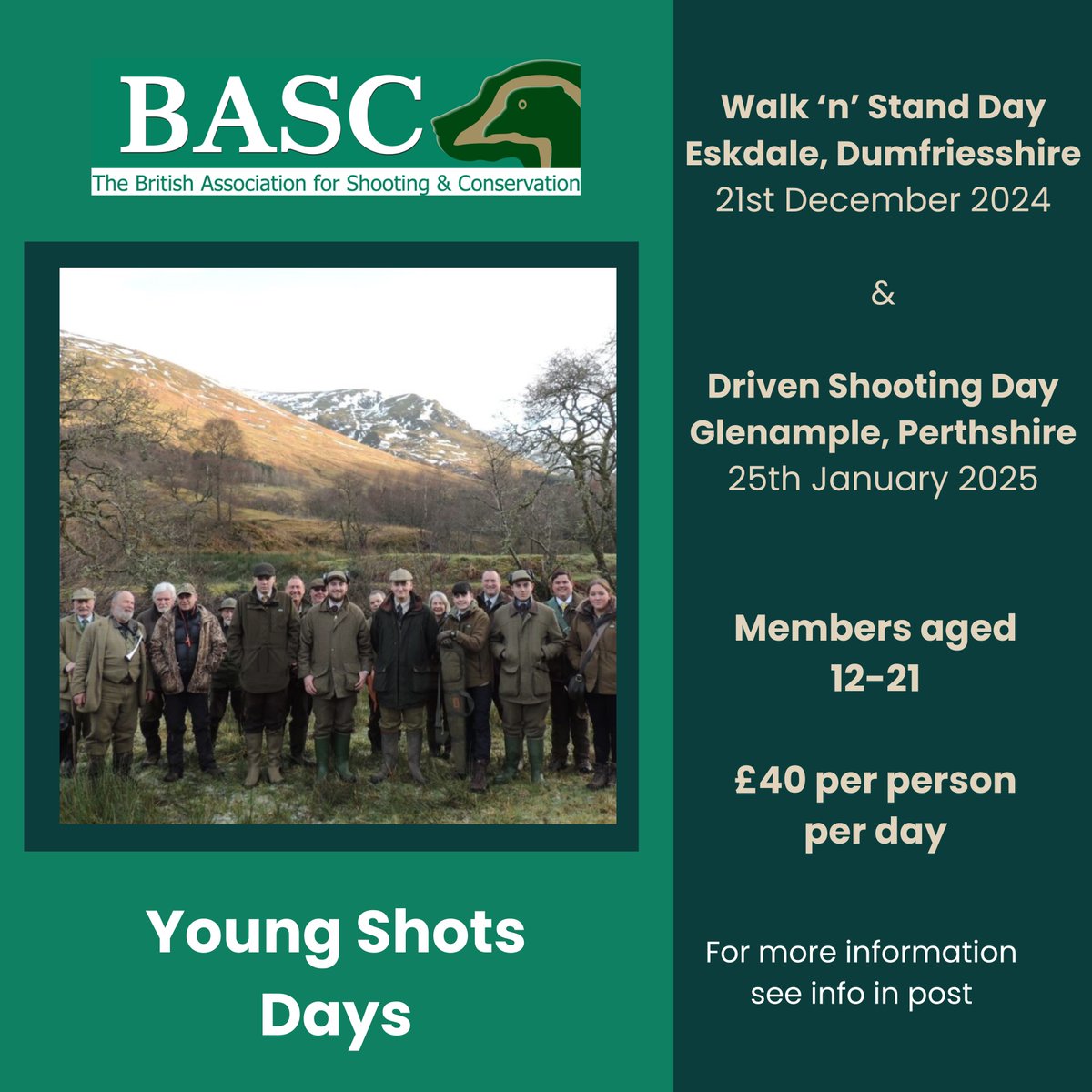 We would like to invite Young Shots to two great events:

🔹21 December - Walk 'n' Stand Day at Eskdale. Apply here: orlo.uk/bRXTF
🔹25 January - Driven Shooting Day at Glenample. Apply here: orlo.uk/Ygjfr

Cost: £40
Find out more: orlo.uk/ZW8Ab