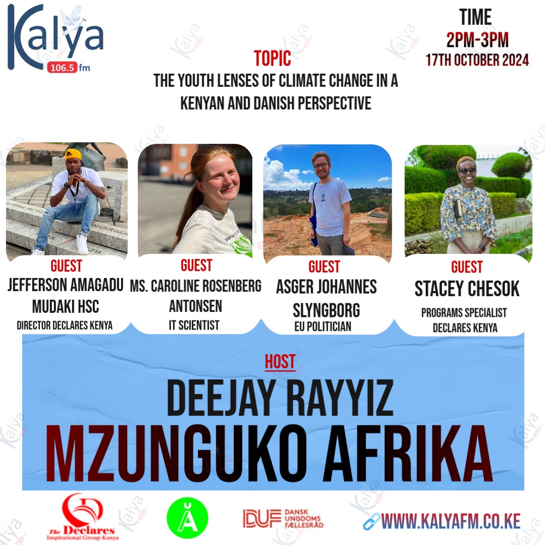 Declares Kenya (@declareskenya) on Twitter photo Tune in to <a href="/kalyaradio/">Kalya Radio Official</a> as We team up with <a href="/AlternativeUnge/">Alternativets Unge</a> from #Denmark for an insightful discussion on youth engagement . We'll explore the Kenyan and Danish perspectives, highlighting how young people are leading the charge in tackling the climate crisis . <a href="/danskungdom/">DUF - Dansk Ungdoms Fællesråd</a> Tune in to <a href="/kalyaradio/">Kalya Radio Official</a> as We team up with <a href="/AlternativeUnge/">Alternativets Unge</a> from #Denmark for an insightful discussion on youth engagement . We'll explore the Kenyan and Danish perspectives, highlighting how young people are leading the charge in tackling the climate crisis . <a href="/danskungdom/">DUF - Dansk Ungdoms Fællesråd</a>