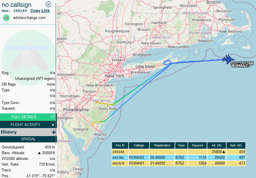 SirListenalot's tweet photo. ~0640z #KC46's #ROMA61-62 picked up ("AC"?) #F16's #TREND11 near Hampton (HTO) on their way to Aviano https://t.co/FfwQTyEErq