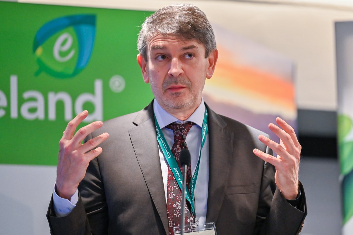 Env_Ireland's tweet photo. Aurel Ciobanu-Dordea, Director of Circular Economy at the European Commission's DG Environment, tells the #EnvironmentIreland conference about circular economy implementation in Europe https://t.co/sKtXBKR6jv