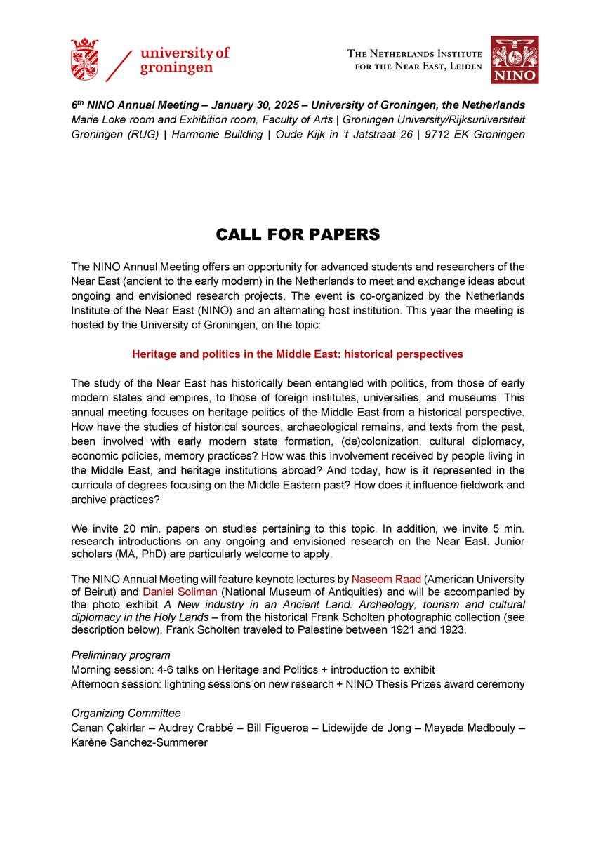 MARE_Project's tweet photo. Last Call (for papers): 6th NINO Annual Meeting – January 30, 2025 – University of Groningen: Heritage and politics in the Middle East: historical perspectives + Lightning sessions on any new research! @NINO_Leiden @FacultyofArtsUG https://t.co/bfRCzMa108