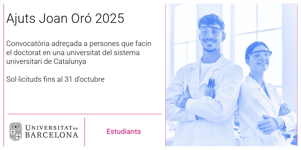 Universitat de Barcelona (@unibarcelona) on Twitter photo #DoctoratUB | 📢 T’agradaria fer la tesi doctoral en un grup de recerca com a personal investigador predoctoral?
👀 Consulta l’edició 2025 dels ajuts Joan Oró, convocats per <a href="/recercauniscat/">Recerca i Universitats</a>.
🗓️ Sol·licituds fins al 31 d’octubre
👉 ub.edu/beques/3rcicle… #DoctoratUB | 📢 T’agradaria fer la tesi doctoral en un grup de recerca com a personal investigador predoctoral?
👀 Consulta l’edició 2025 dels ajuts Joan Oró, convocats per <a href="/recercauniscat/">Recerca i Universitats</a>.
🗓️ Sol·licituds fins al 31 d’octubre
👉 ub.edu/beques/3rcicle…