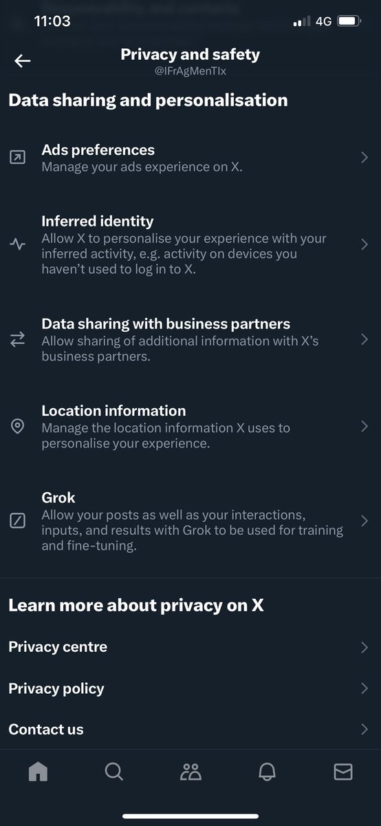 IFrAgMenTIx's tweet photo. Twitter tries to train its AI with your tweets/content

You have to manually turn that off.
Here is where:

-privacy and safety
-scroll down for „Grok“
-unalive that feature to steal from you
- :) https://t.co/K0lS2tDYVO