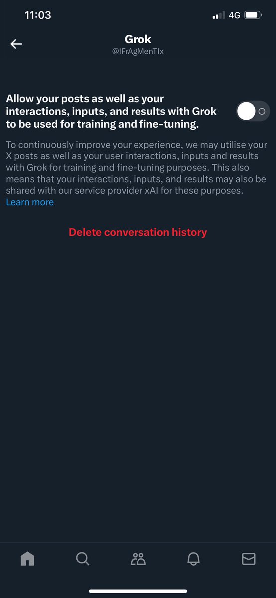 IFrAgMenTIx's tweet photo. Twitter tries to train its AI with your tweets/content

You have to manually turn that off.
Here is where:

-privacy and safety
-scroll down for „Grok“
-unalive that feature to steal from you
- :) https://t.co/K0lS2tDYVO